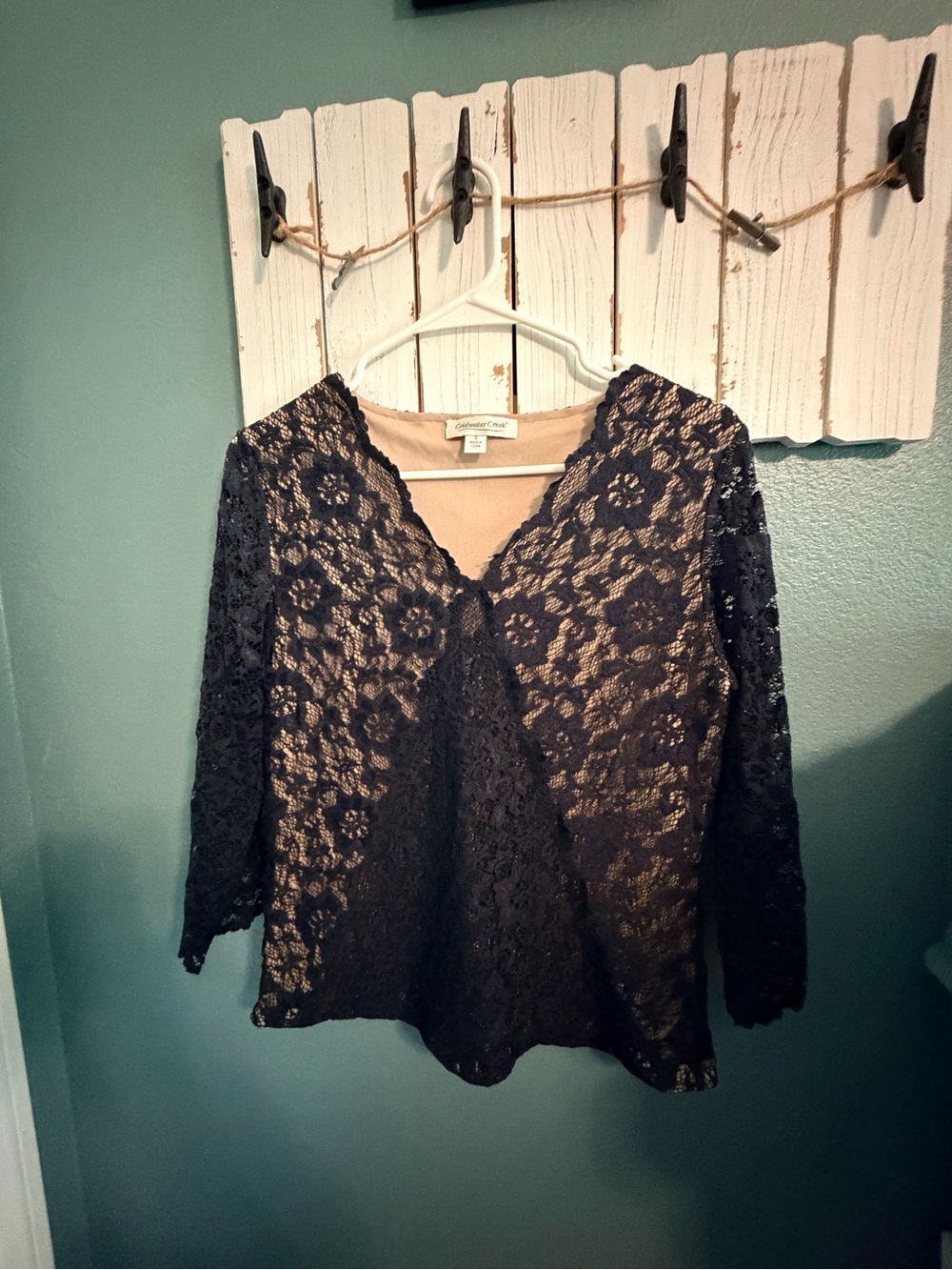 Coldwater Creek Blue Lace Overlay Blouse with Nude Lining